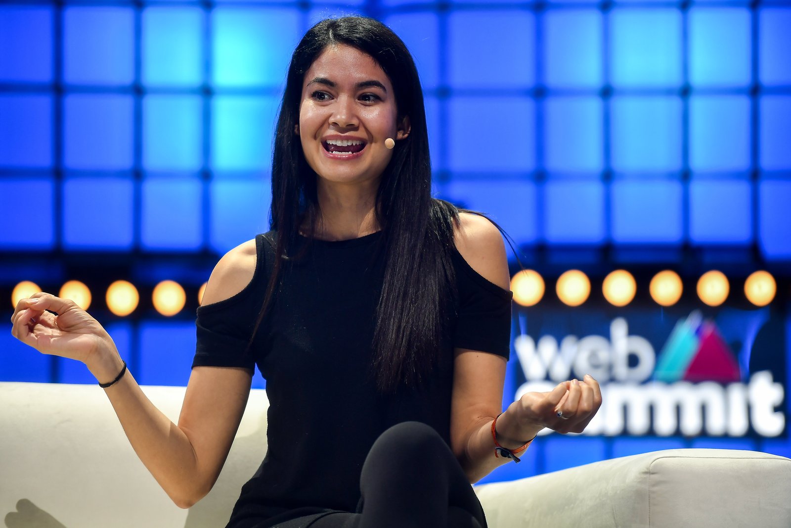 Canva co-founder Melanie Perkins speaking on stage at Web Summit in Lisbon in 2019.