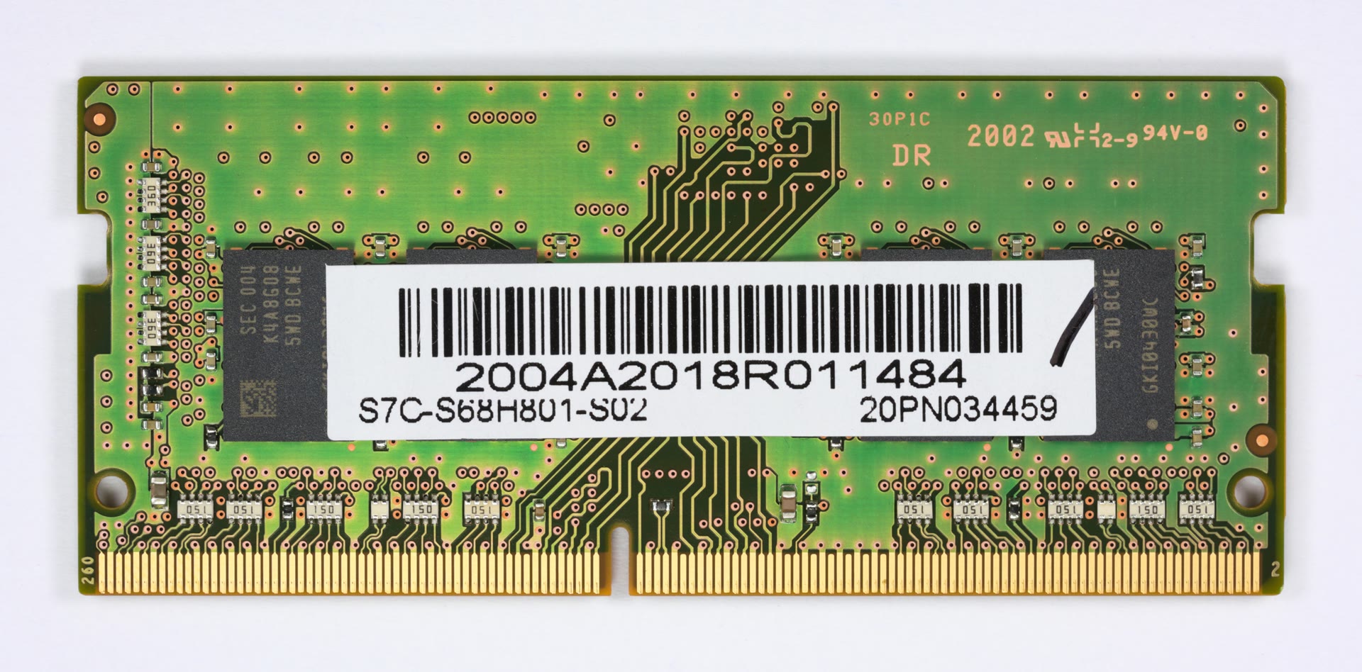 A Samsung 8GB DDR4 laptop memory module on a white background, shown from both sides, with black memory chips and a label that reads 8GB.