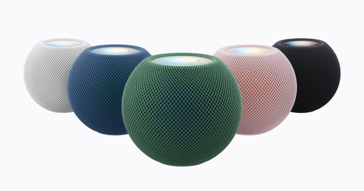 Apple's HomePod mini 2 lineup in white, blue, green, pink and black.
