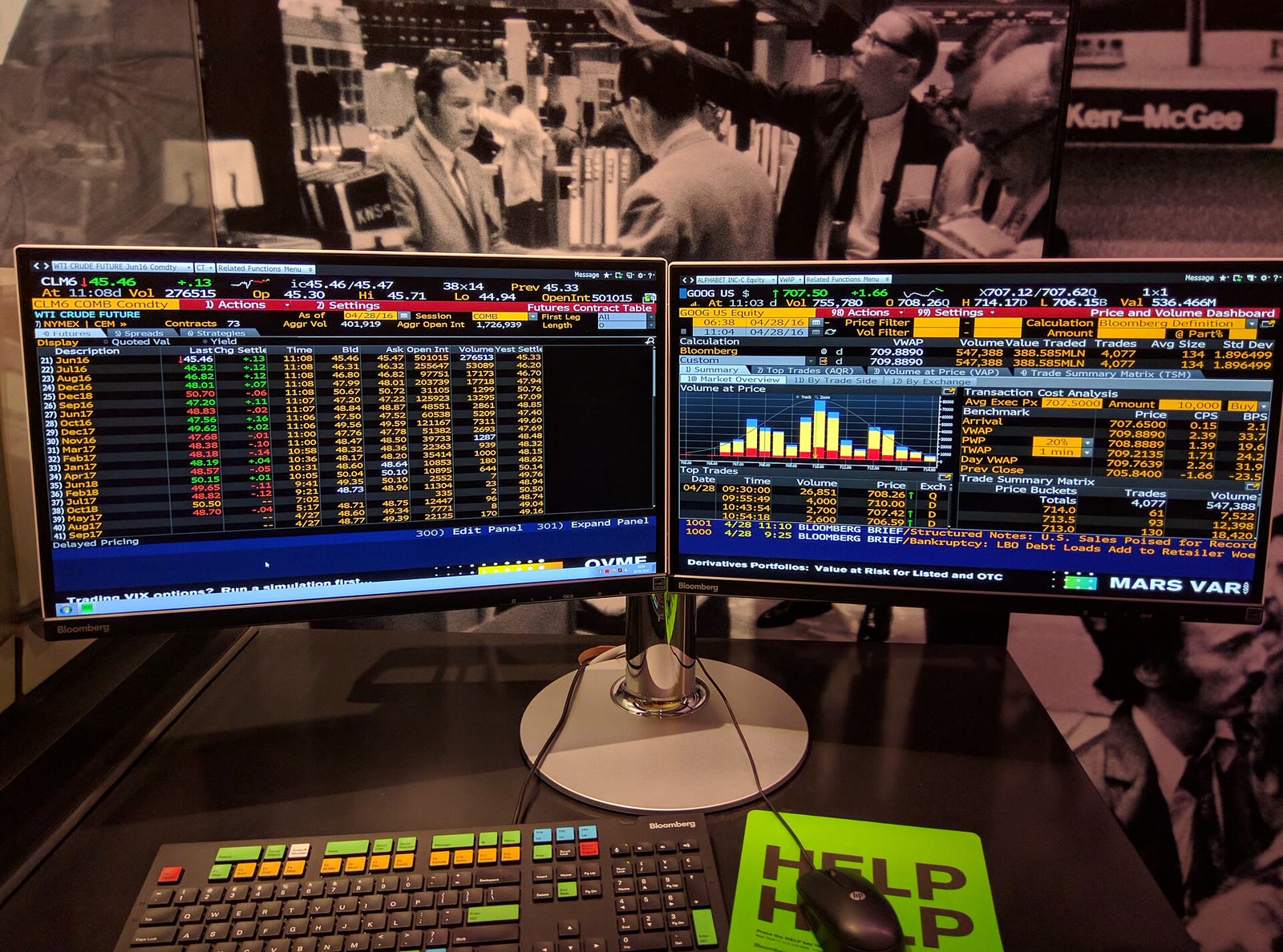 A multi-monitor Bloomberg terminal displaying financial charts and market data.