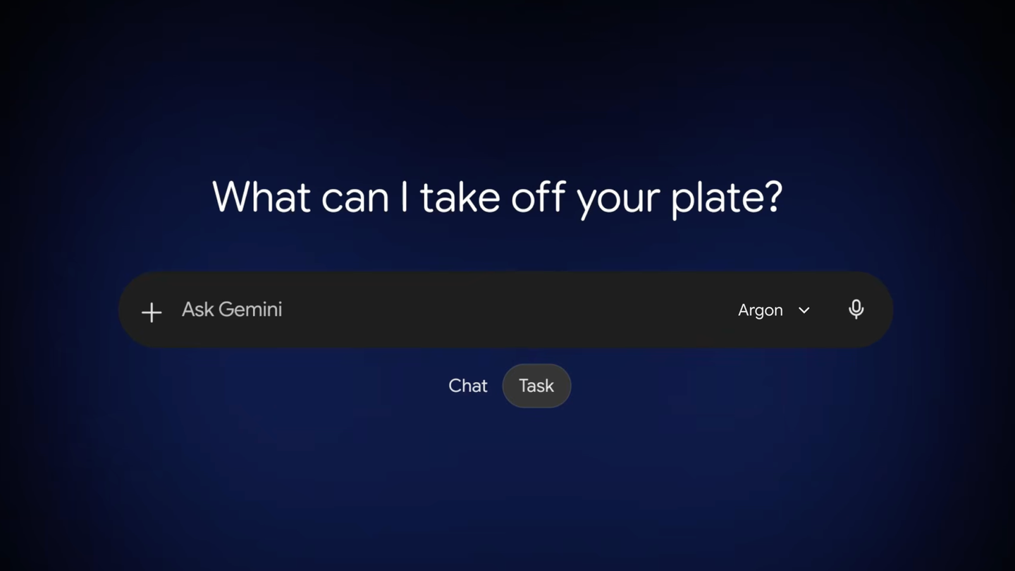 Google's Gemini Argon interface with the Ask Gemini input and Chat and Task options.