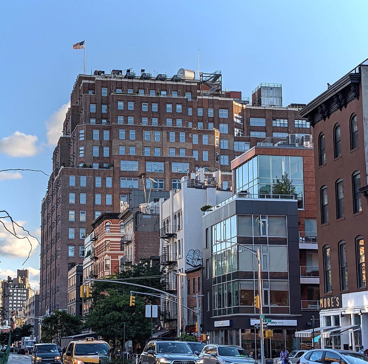 Google's Eighth Avenue building above a New York street, photographed in June 2021.