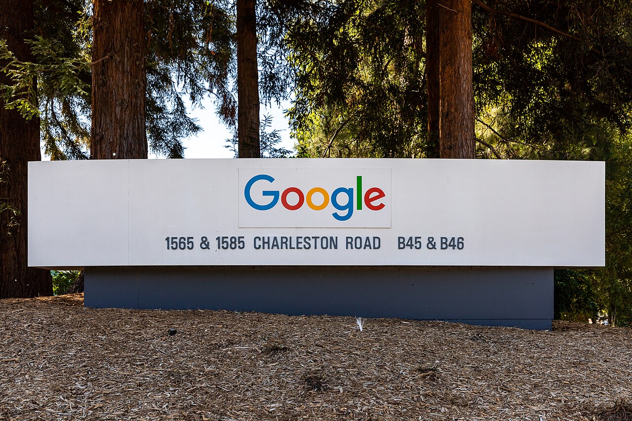 Google campus sign on Charleston Road in Mountain View, California, photographed in 2022.