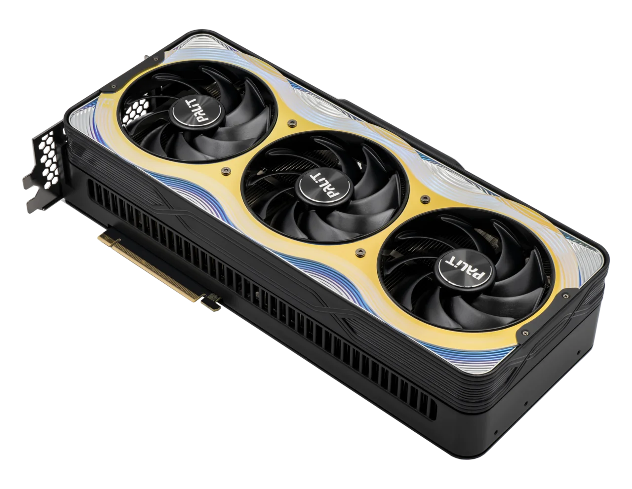Palit GeForce RTX 5090 GameRock graphics card photographed at an angle, showing its three fans and gold-and-silver shroud.