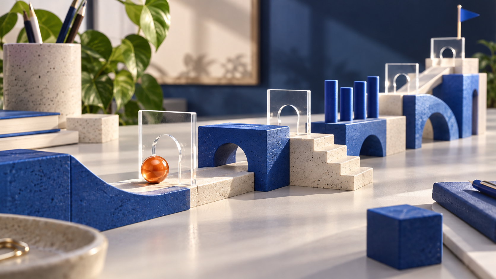 An orange marble approaches transparent checkpoints on a miniature blue-and-white obstacle course.