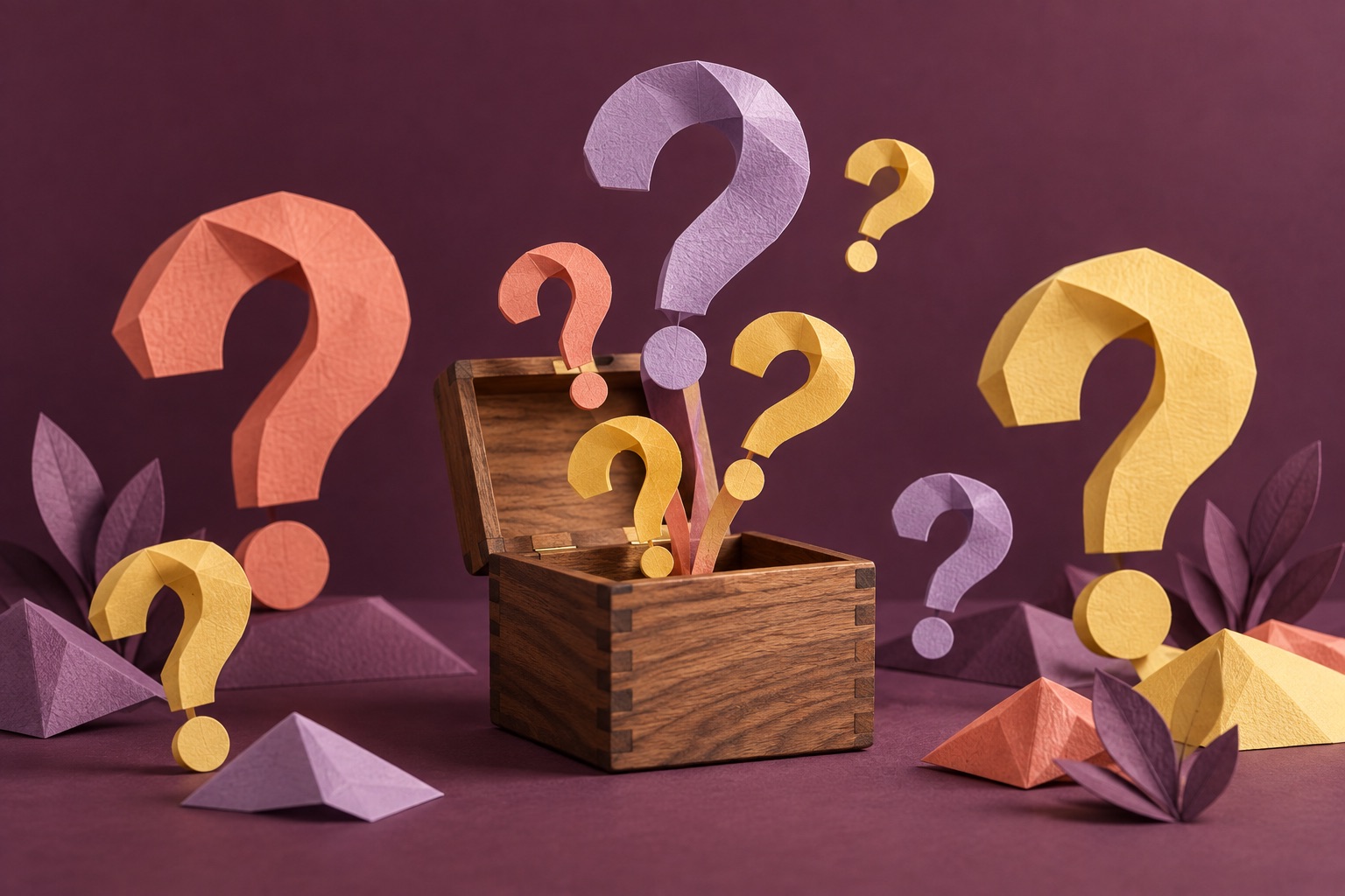Colourful paper question marks gathered around a small open wooden question box.