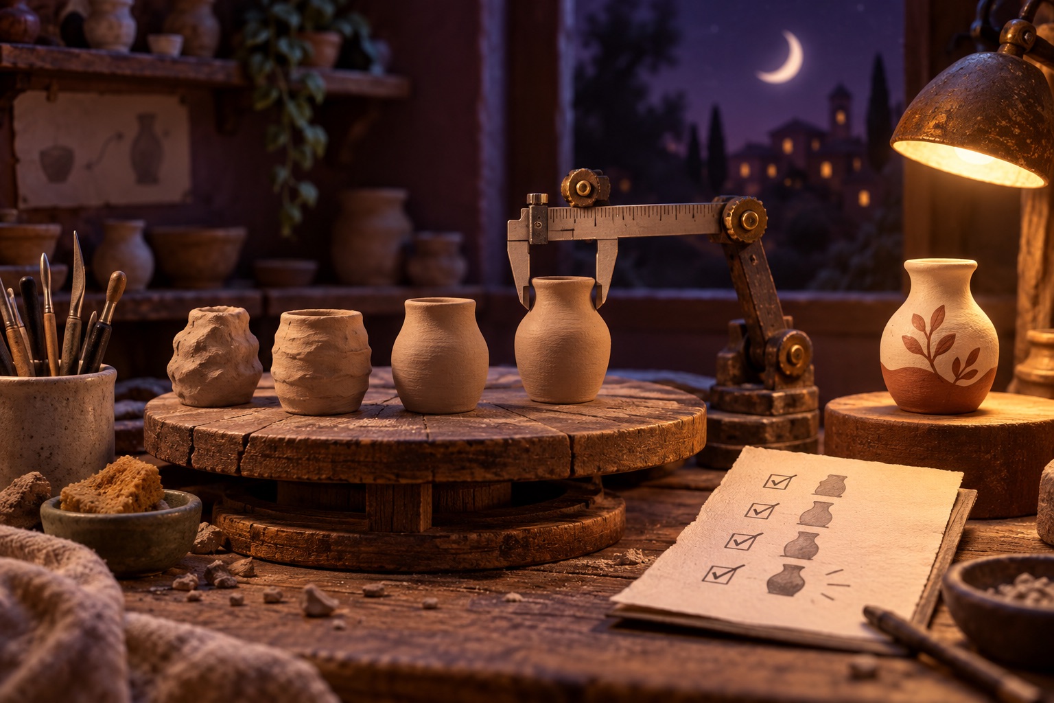 A mechanical caliper measures clay vessels in a miniature workshop at night.