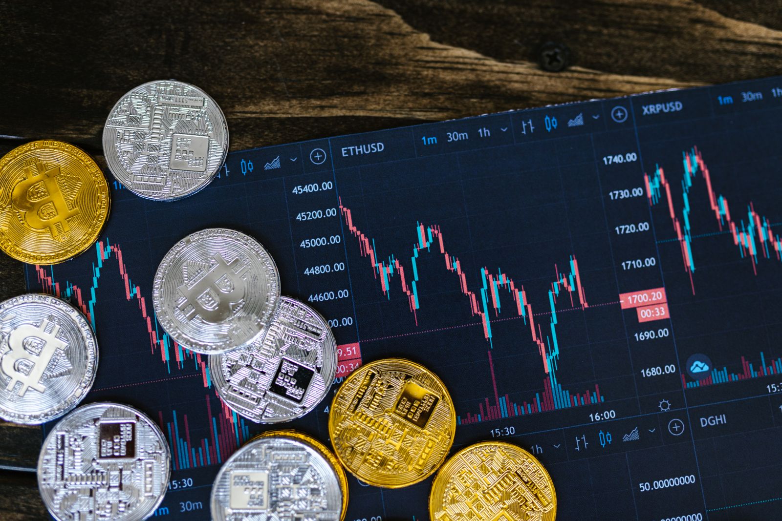 Bitcoin coins resting on a tablet showing crypto trading charts