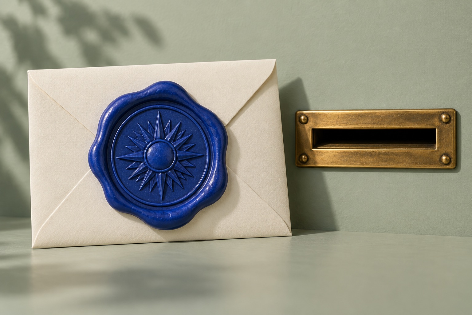An oversized blue wax seal on a cream envelope beside a small brass mail slot.