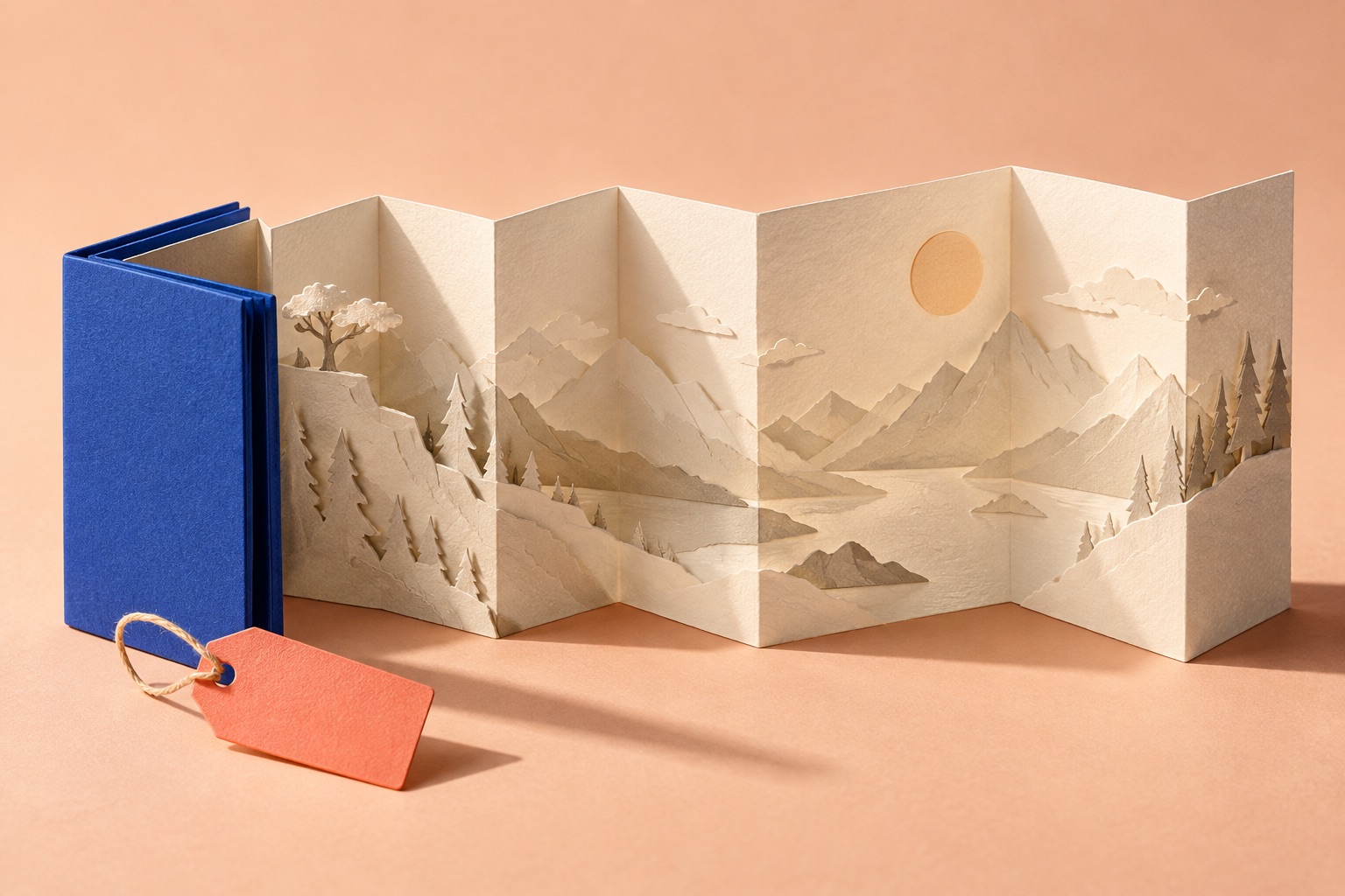 A blue paper booklet unfolds into a broad cream landscape beside a coral price tag.