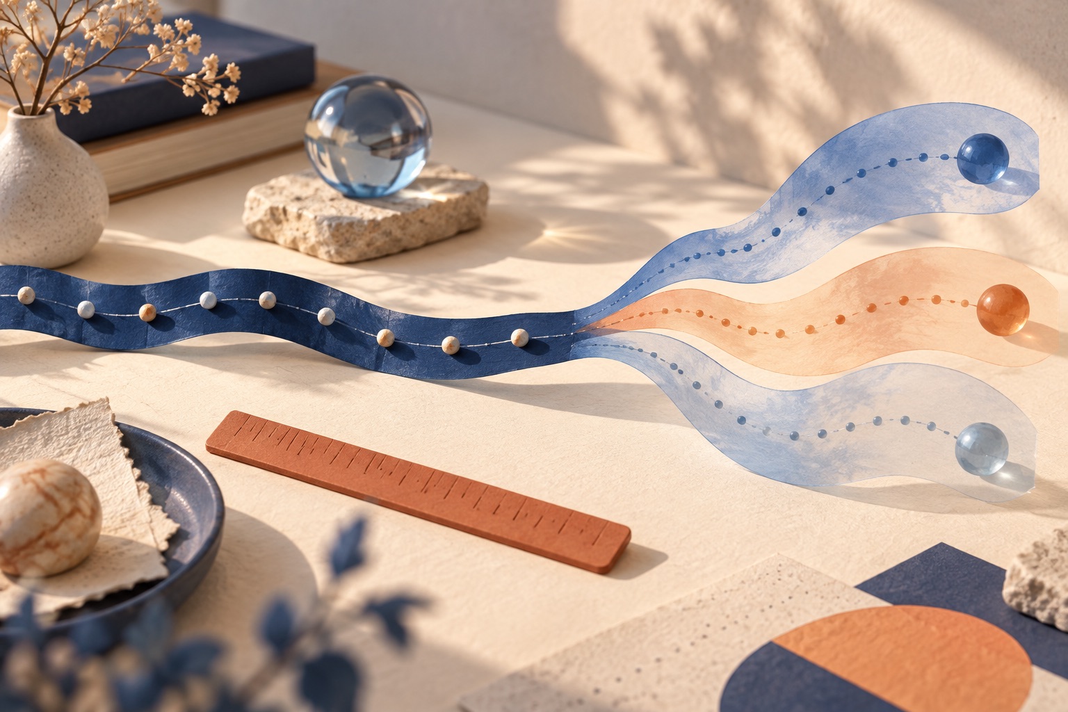 A sculptural ribbon of plotted observations branching into several translucent possible paths.