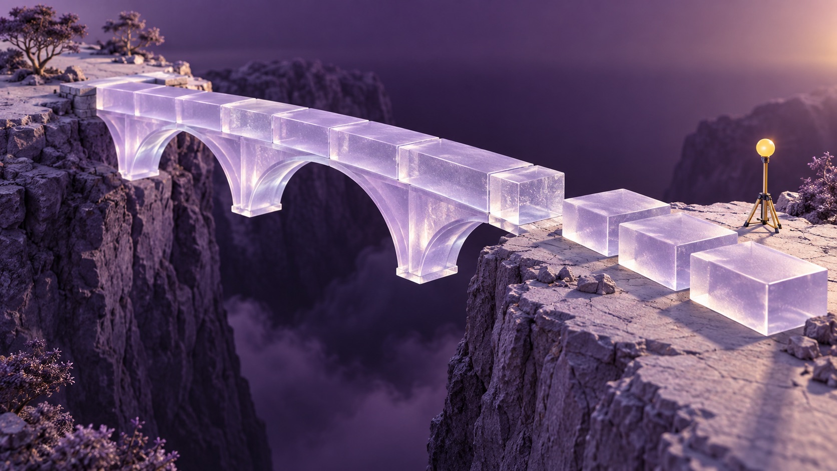 An unfinished translucent purple bridge has its remaining blocks waiting on the bank.