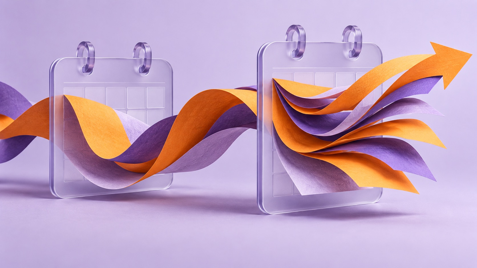 Orange and purple ribbons flow through two translucent calendar frames.
