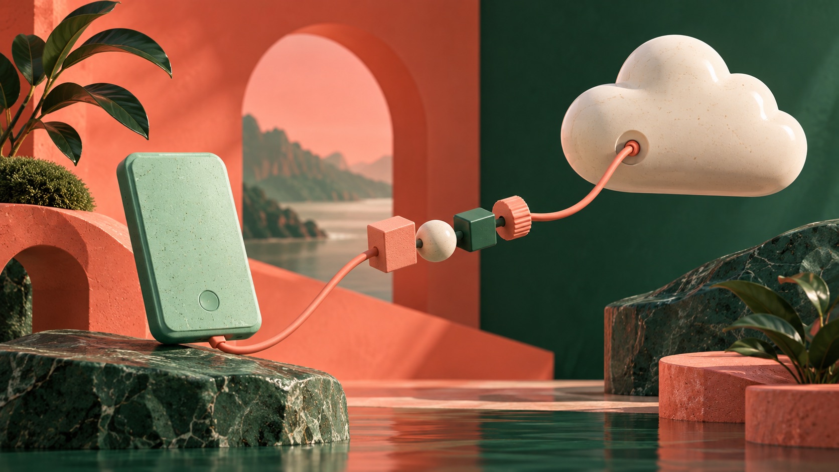 A mint handheld shape connects to a ceramic cloud through modular pieces.