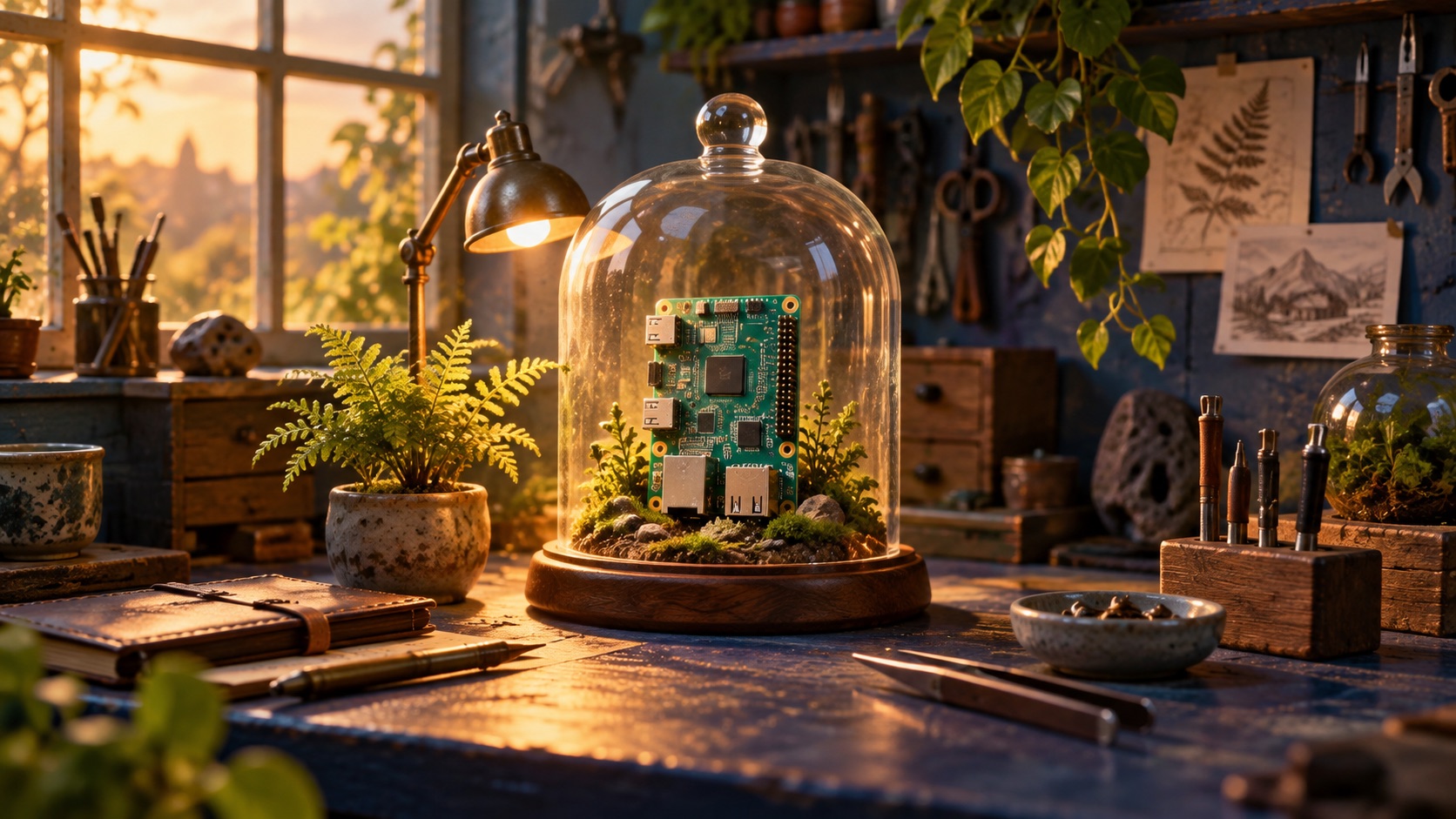 An imaginary small computer board sits under a glass bell jar on a warm workshop bench.