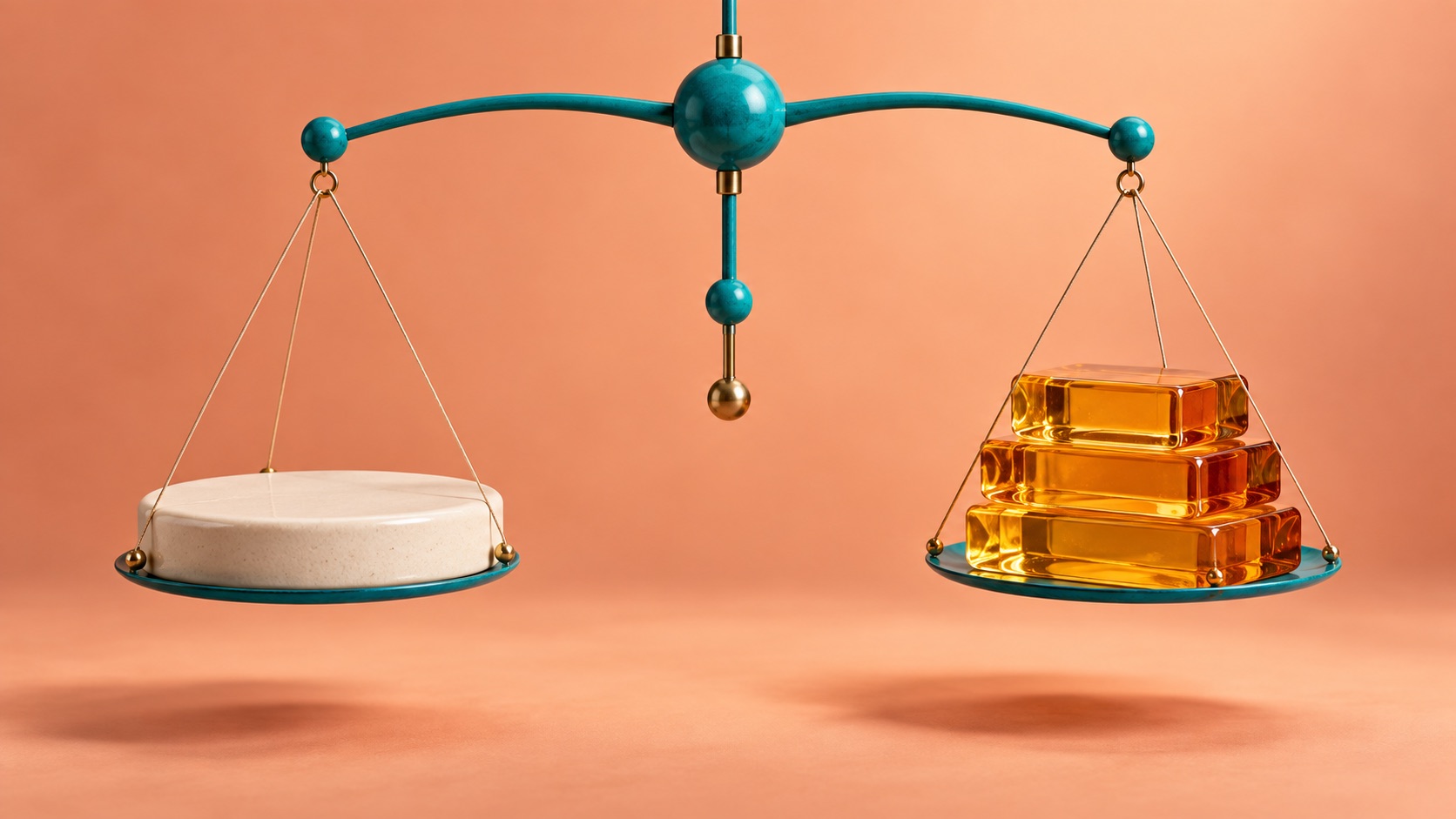 A turquoise balance holds a cream disc opposite transparent amber reserve blocks.