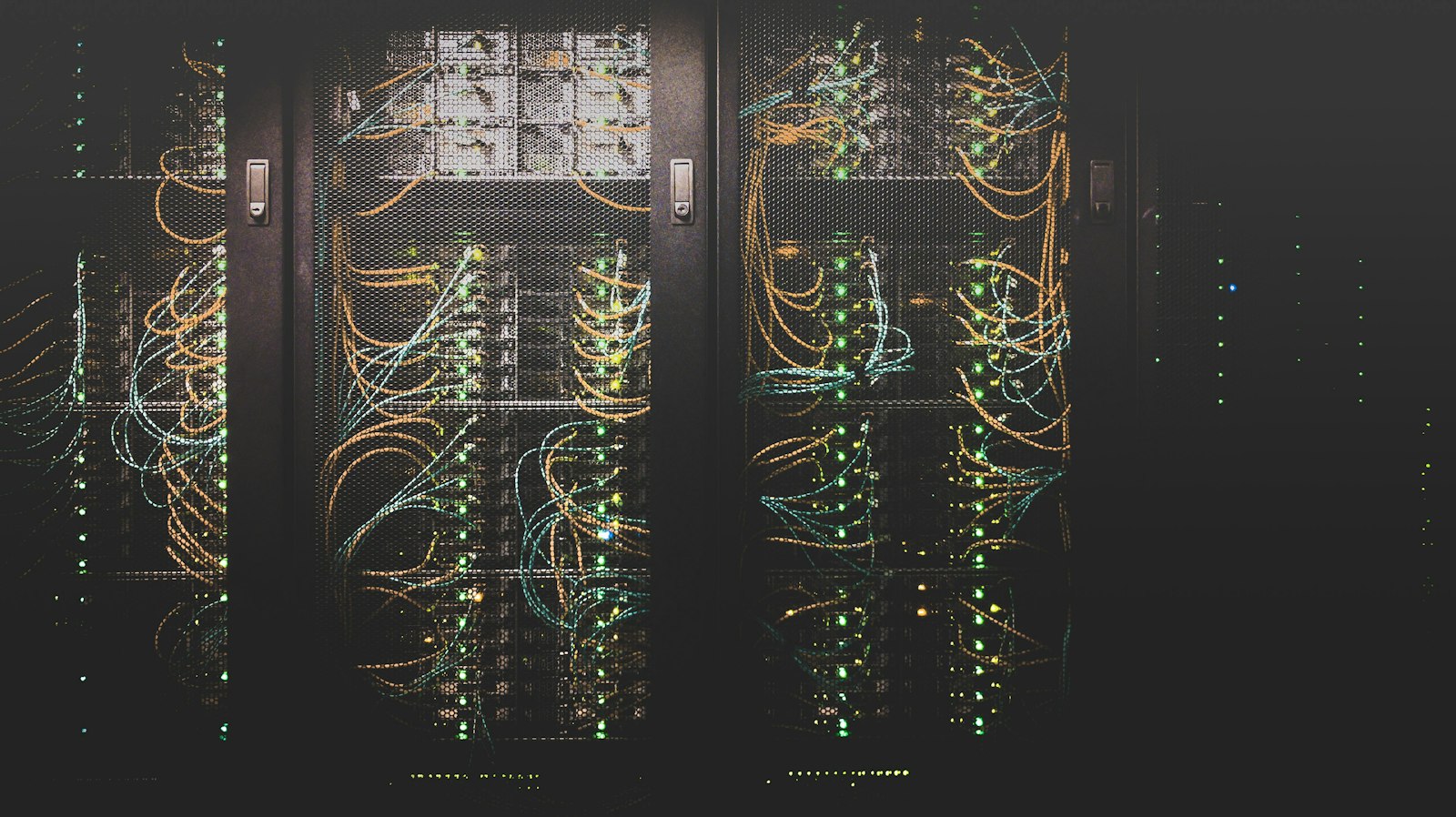 Server racks with blue indicator lights
