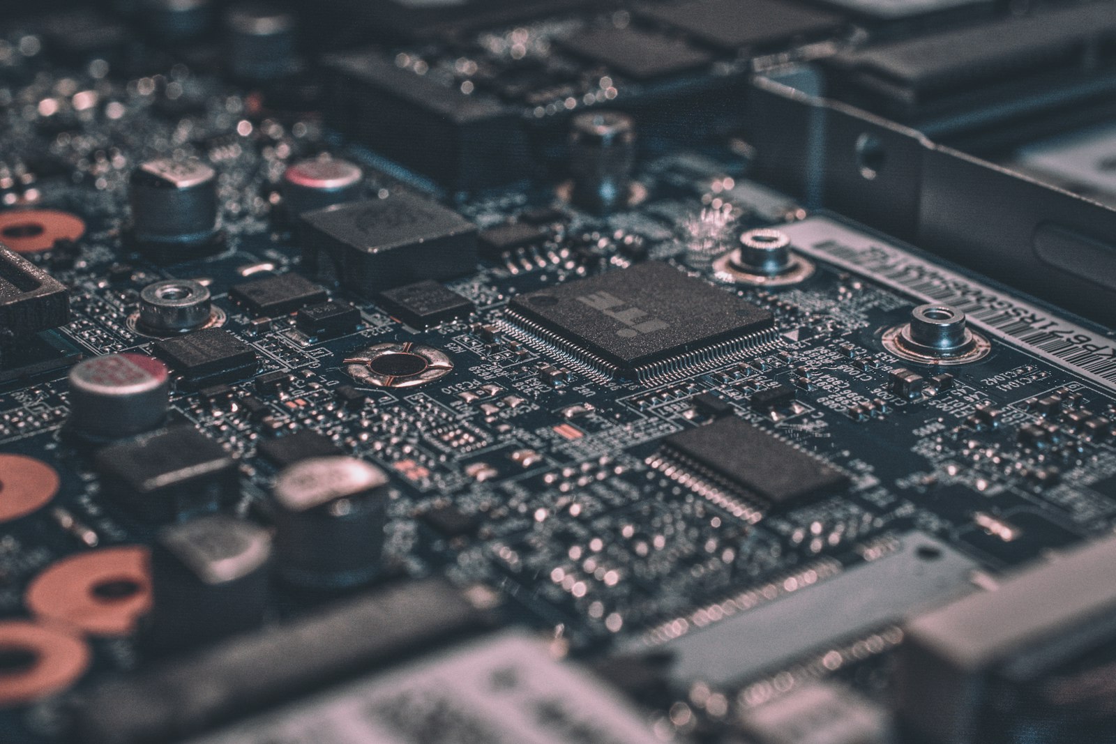 Close-up of circuit board chips and electronic components