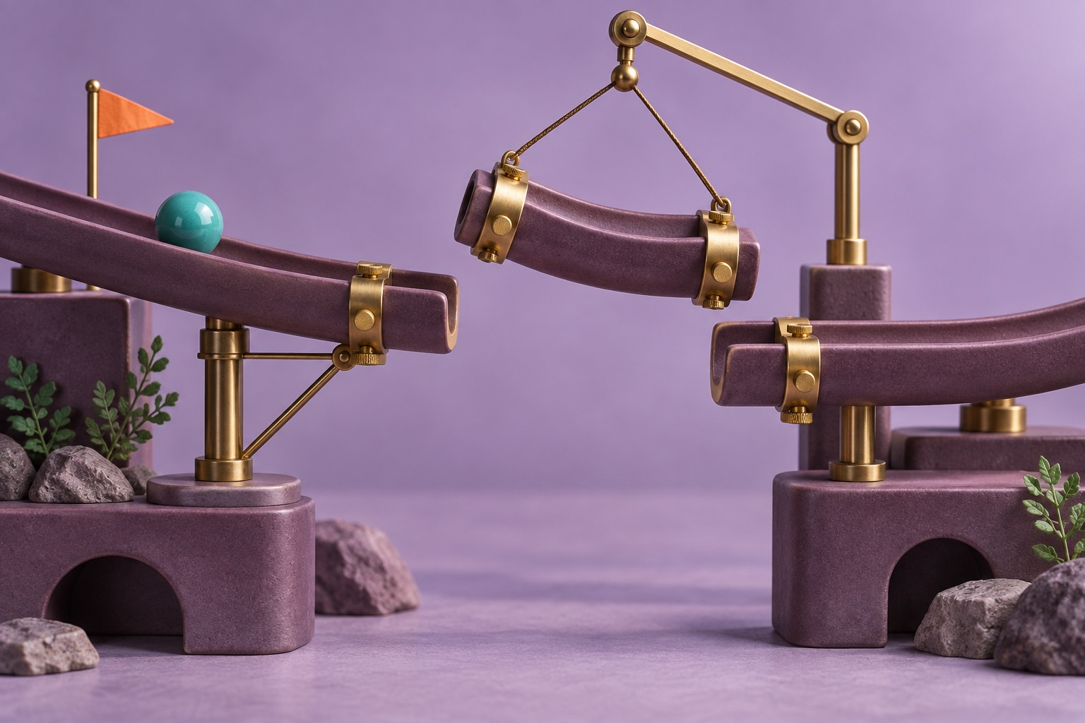 A plum ceramic test track with brass joints, a lifted section and a turquoise ball.