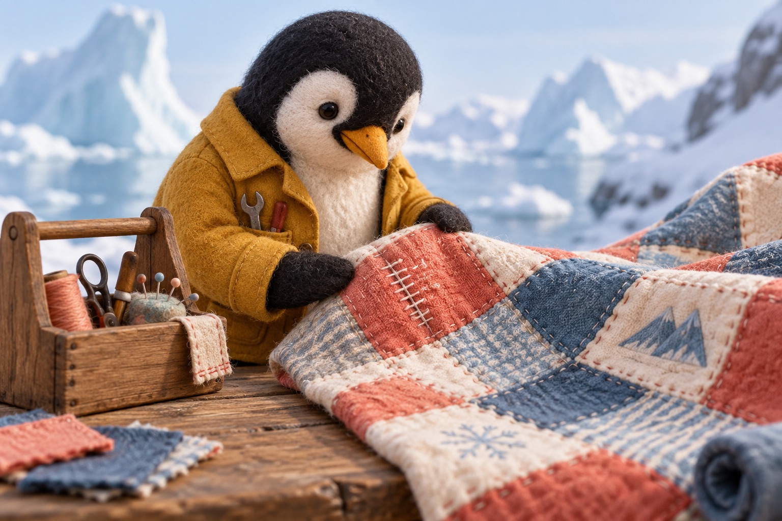 A felt penguin in a yellow jacket repairs a patchwork quilt beside a wooden toolbox.