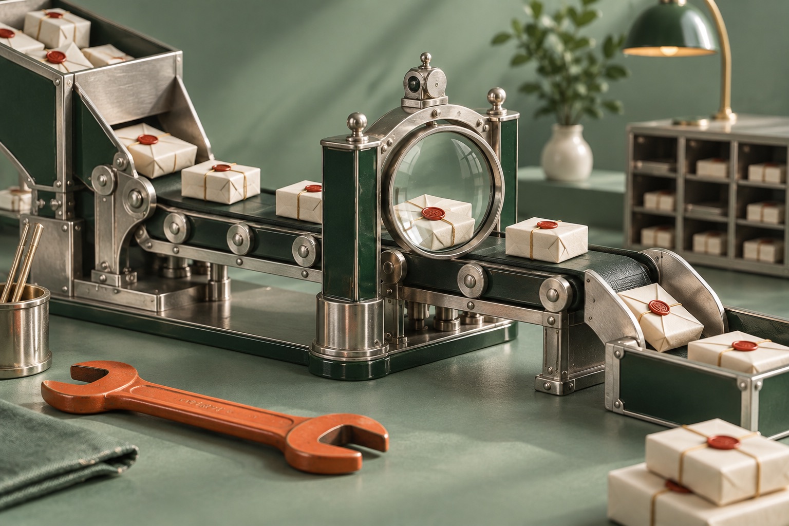 Small sealed parcels pass through a magnifying inspection gate in a miniature sorting station.