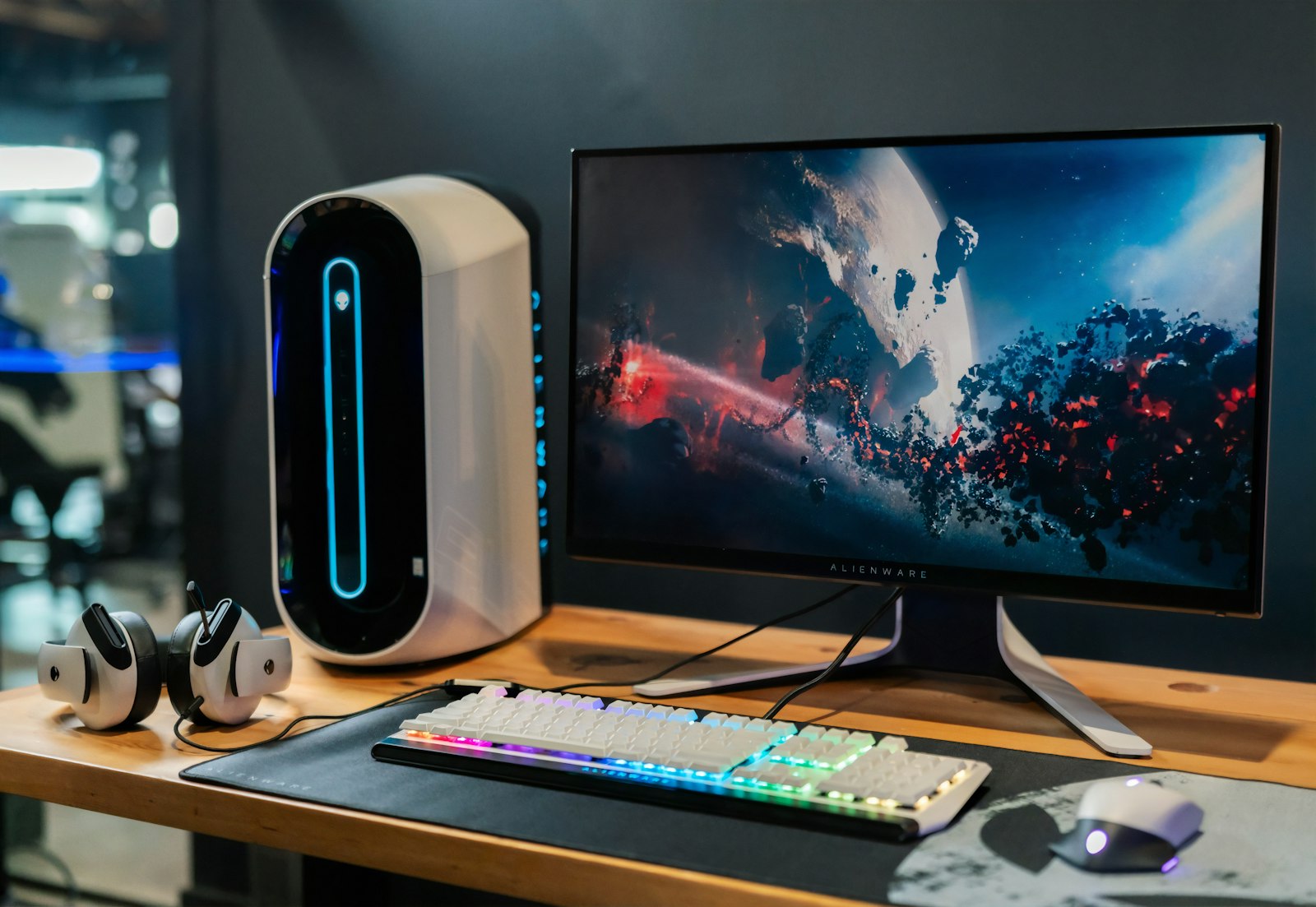 Desktop PC with glowing RGB lighting on a desk