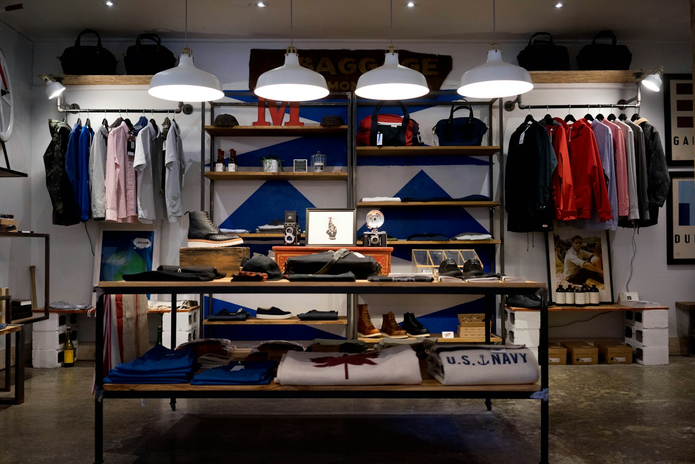 Interior of a modern clothing boutique with hanging racks