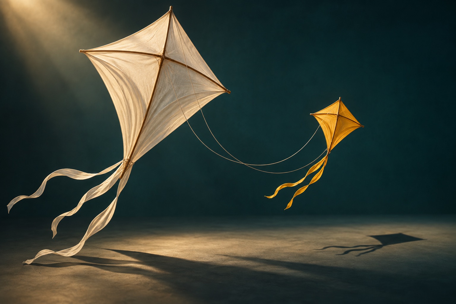 An ivory kite and a smaller golden kite hang together against a dark teal backdrop.