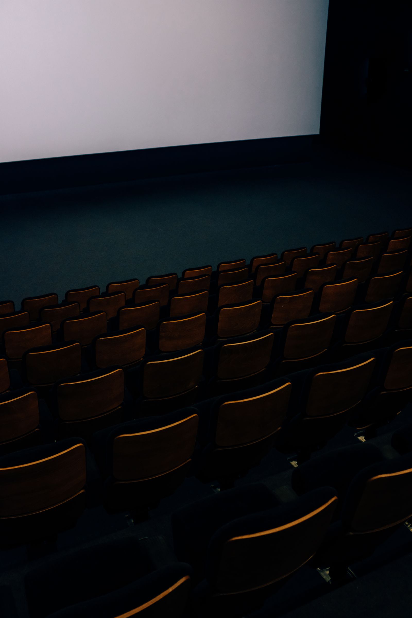 Empty movie theater seats facing a bright blank cinema screen
