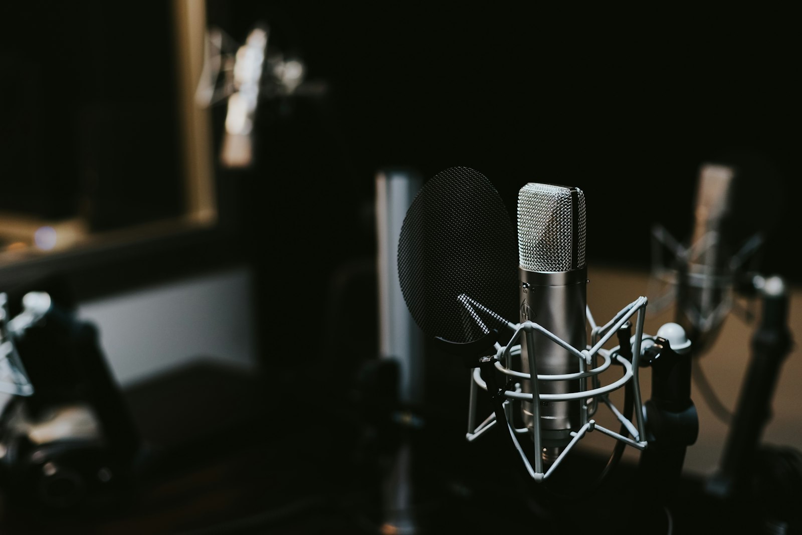 Studio condenser microphone with pop filter in a dark recording booth