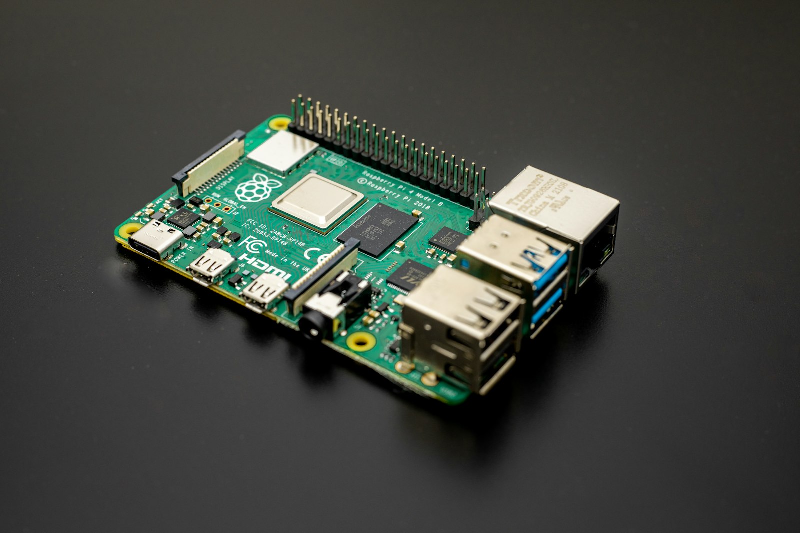 Close-up of a Raspberry Pi single-board computer on a table