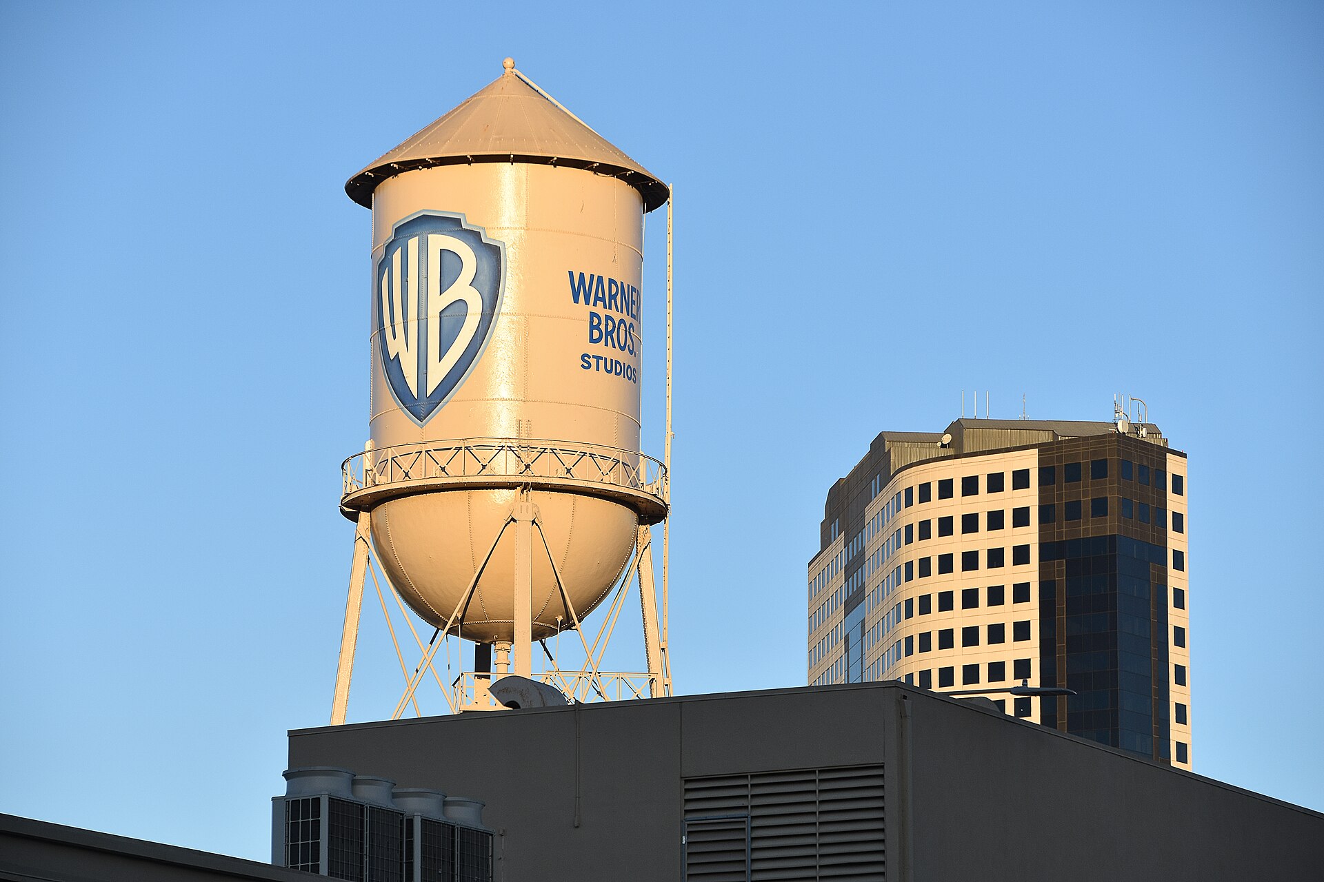 Warner Bros. Studios water tower in Burbank against a blue sky